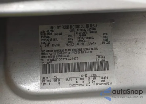 2000 Ford Expedition Xlt z USA, uszkodzony, nr VIN 1FMRU1567YLC04475